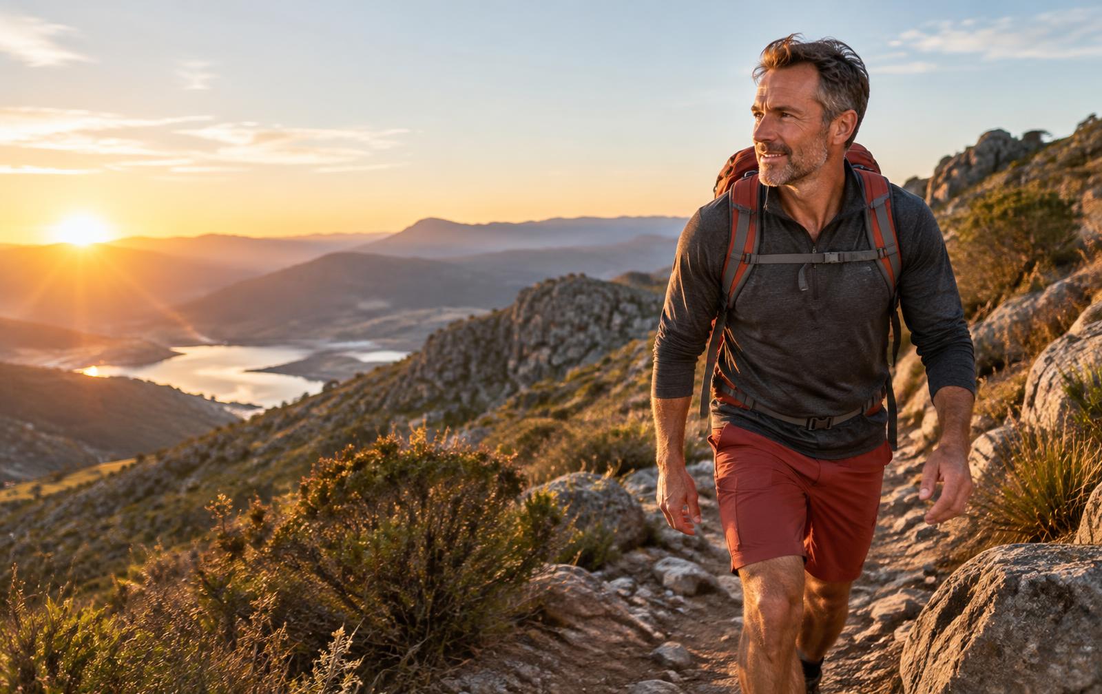Active adult man hiking on a mountain trail at sunrise
